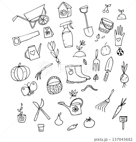 Hand-drawn set of elements on the theme of a garden tools, black and white illustration  137043682