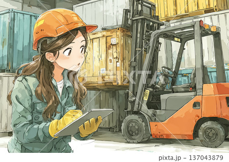 自動運転EVフォークリフトを管理する女性作業員｜次世代物流とスマート倉庫のイメージ 137043879