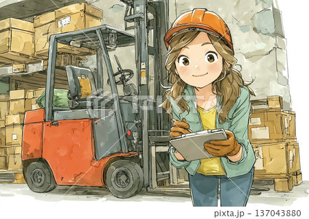 自動運転EVフォークリフトを管理する笑顔の女性作業員｜スマート物流倉庫のイメージ 137043880