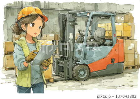 自動運転EVフォークリフトを遠隔操作する女性オペレーター｜スマート物流倉庫のDXイメージ 137043882