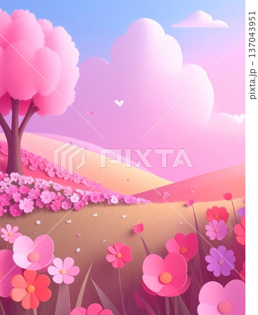 landscape with blooming tree and flowers landscape with blooming tree and flowers 137043951