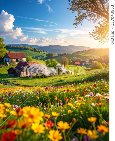 rural landscape with a blossoming meadow and a...のイラスト素材 [137043953 ...
