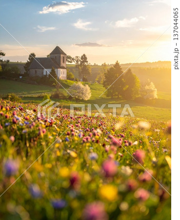sunset on the meadow near the village sunset on the meadow near the village 137044065