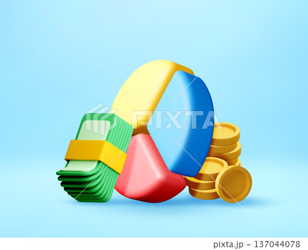 Colorful 3d pie chart with money stacks and coins Colorful 3d pie chart with money stacks and coins 137044078