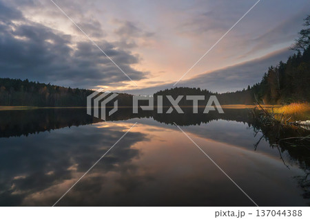 A calm lake at sunset on an autumn evening. Warm light from the colorful sky illuminates golden grass along the shore and a vibrant wild forest. 137044388
