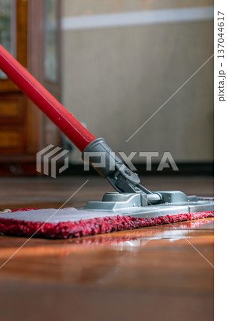 Mop washing a wooden floor in an apartment. Concept of care for the cleanliness of the apartment. 137044617