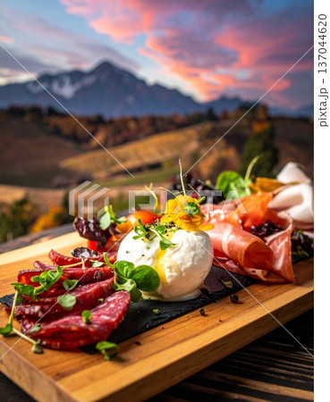 fresh salad with prosciutto and fresh vegetables 137044620