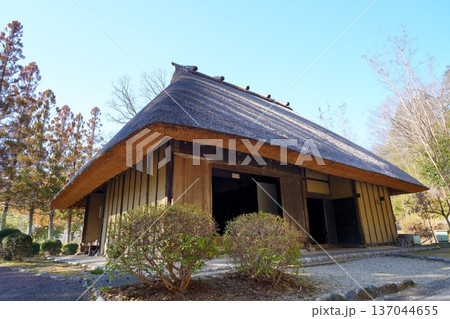 大きな藁葺き屋根の古民家と青空【奈良県】 大きな藁葺き屋根の古民家と青空【奈良県】 137044655