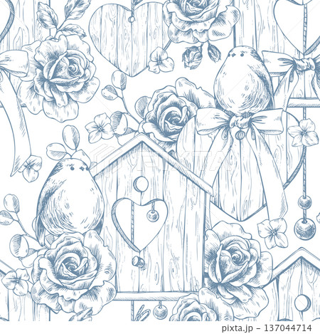 Birdhouses with birds, roses, bows, and hearts. Hand-drawn ink graphic line art illustration. Romantic seamless pattern in pastel colors for wedding and holiday decor and design. 137044714