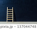 Wooden ladder leaning on deep blue backdrop with customizable space for text or ideas, representing ambition and success journey concept 137044748