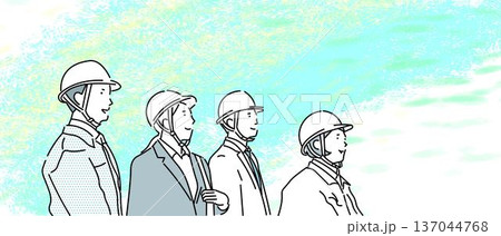 ヘルメットと作業着を着たビジネスパーソンーチームー明るい未来を夢見る男女ーシンプル線画イラスト素材 137044768