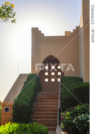 A staircase in an Arab house with dense bushes and flowers 137044952
