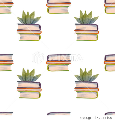 Seamless pattern with books and flowers hand drawn in a simple watercolor style 137045100