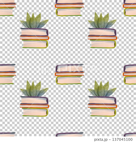 Seamless pattern with books and flowers hand drawn in a simple watercolor style 137045100