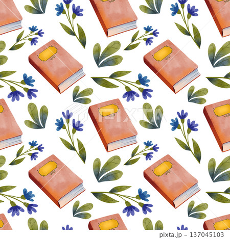 Seamless pattern with hardcover books with blue flowers hand drawn in simple watercolor style 137045103