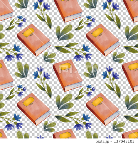 Seamless pattern with hardcover books with blue flowers hand drawn in simple watercolor style 137045103