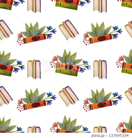 Seamless pattern with books decorated with flowers, hand drawn in a simple watercolor style. 137045104