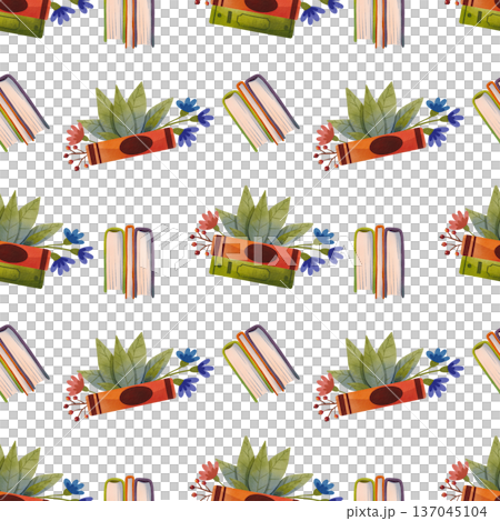 Seamless pattern with books decorated with flowers, hand drawn in a simple watercolor style. 137045104