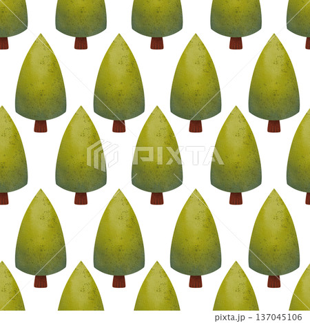 Seamless pattern with hand drawn green trees. Children's watercolor forest illustration for your design, print, fabric 137045106