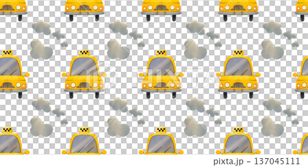 Horizontal seamless pattern with a city taxi and dusty clouds. Bright, hand drawn children's illustration for prints, cards, and fabric. Horizontal seamless pattern with a city taxi and dusty clouds. Bright, hand drawn children's illustration for prints, cards, and fabric. 137045111