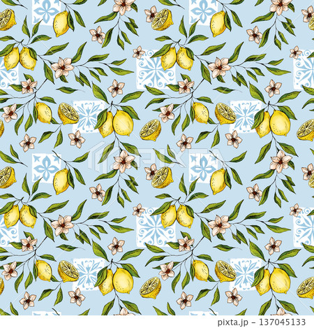Mediterranean Lemons Green Leaves Seamless Pattern Hand Drawn Illustration with Traditional Azulejo Tiles Motifs for Summer Sunny Coastal Background, Fresh Travel Designs or Wallpapers Mediterranean Lemons Green Leaves Seamless Pattern Hand Drawn Illustration with Traditional Azulejo Tiles Motifs for Summer Sunny Coastal Background, Fresh Travel Designs or Wallpapers 137045133