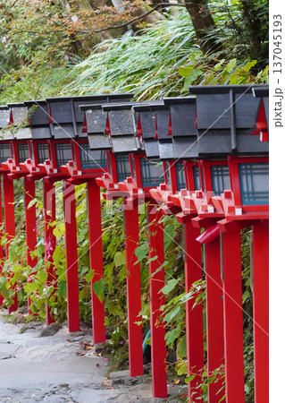 貴船神社参道の朱塗りの灯籠 貴船神社参道の朱塗りの灯籠 137045193