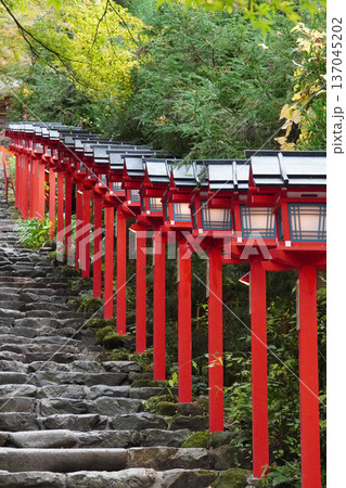 貴船神社参道の朱塗りの灯籠 137045202