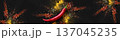Red Chili Pepper on Black Background with Explosive Scattering of Colorful Spices and Herbs 137045235