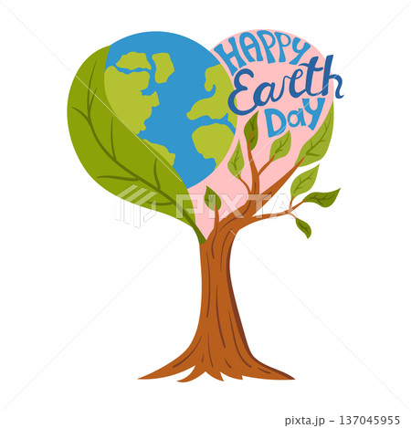 Vibrant Earth Day card featuring a heart-shaped composition with world globe integrated into a flourishing tree with green leaves. Vibrant Earth Day card featuring a heart-shaped composition with world globe integrated into a flourishing tree with green leaves. 137045955