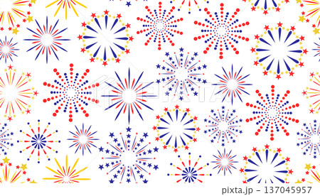 Vibrant seamless pattern of red, blue, and yellow fireworks on a white background. Vibrant seamless pattern of red, blue, and yellow fireworks on a white background. 137045957