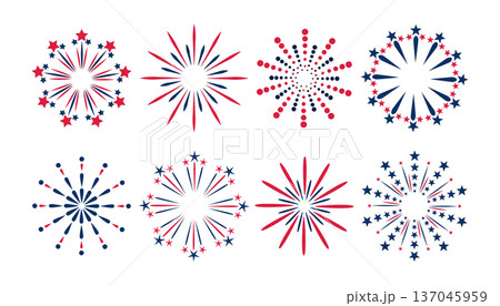 Set of eight red and blue patriotic firework icons set on a white background. Festive star and burst designs. 137045959