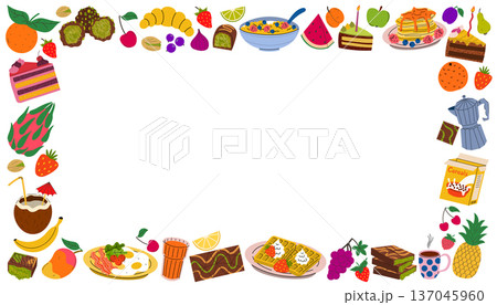 Vibrant cartoon flat style food border on a white background. 137045960