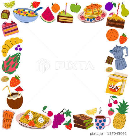 Colorful square frame of flat style breakfast food and snacks. 137045961
