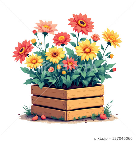 Vsai colorful flowers blooming in wooden planter box 137046066