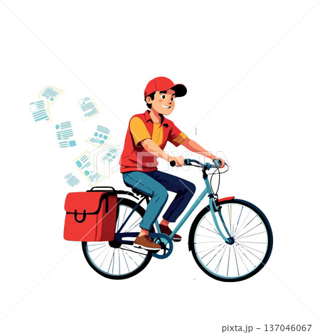 Vsai young delivery person riding bicycle delivering documents 137046067