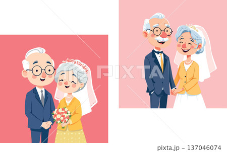 Vsai elderly couple celebrating wedding anniversary in cartoon style 137046074