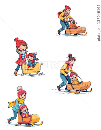 Vsai mother and child sledding in winter snow cartoon 137046165
