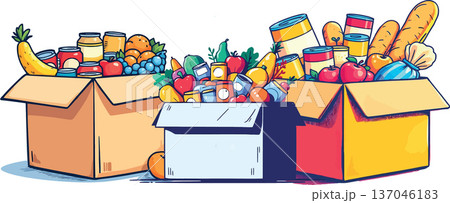 Vsai food boxes filled with groceries for donation Vsai food boxes filled with groceries for donation 137046183