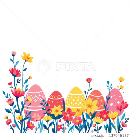 Vsai decorated easter eggs surrounded by vibrant spring flowers Vsai decorated easter eggs surrounded by vibrant spring flowers 137046187