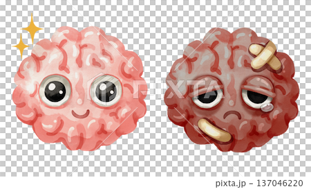Watercolor cartoon comparison of a healthy brain and damaged brain. Representing conditions like alzheimer's disease, stroke, or mental decline. Transparent background illustration. Watercolor cartoon comparison of a healthy brain and damaged brain. Representing conditions like alzheimer's disease, stroke, or mental decline. Transparent background illustration. 137046220