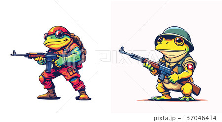 Military frog characters holding rifles in cartoon illustration 137046414