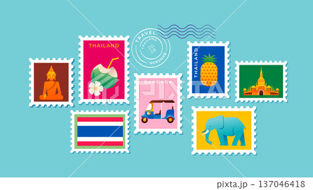 Thailand postage stamps collection. Famous attractions, landmarks and touristic symbols colorful 137046418