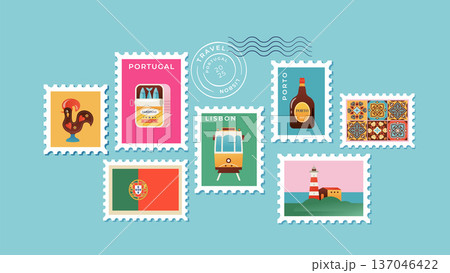 Portugal postage stamps collection. Famous attractions, landmarks and touristic symbols colorful Portugal postage stamps collection. Famous attractions, landmarks and touristic symbols colorful 137046422