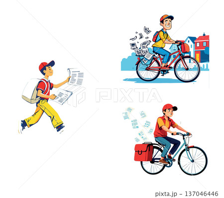 Vsai newspaper boy delivering daily news on bicycle Vsai newspaper boy delivering daily news on bicycle 137046446