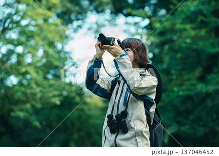 緑地をハイキングして写真を撮る若い女性 137046452