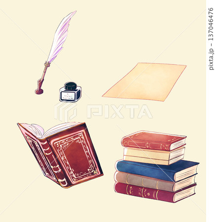 西洋風の筆記用具と本　セット 137046476