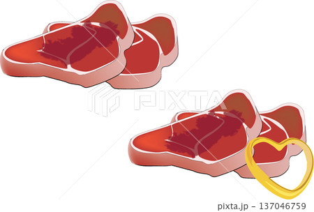 Two raw steaks, one with heart shaped ring symbolizing love of meat 137046759
