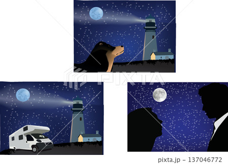 Triptych showing couple, dog, rv, and lighthouse at night 137046772