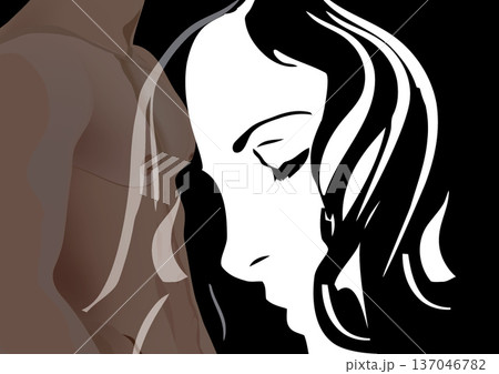 Sad woman facing away from man's silhouette, representing breakup and lost love Sad woman facing away from man's silhouette, representing breakup and lost love 137046782