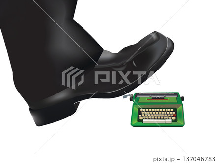 Businessman crushing vintage typewriter with foot, overcoming writer's block Businessman crushing vintage typewriter with foot, overcoming writer's block 137046783